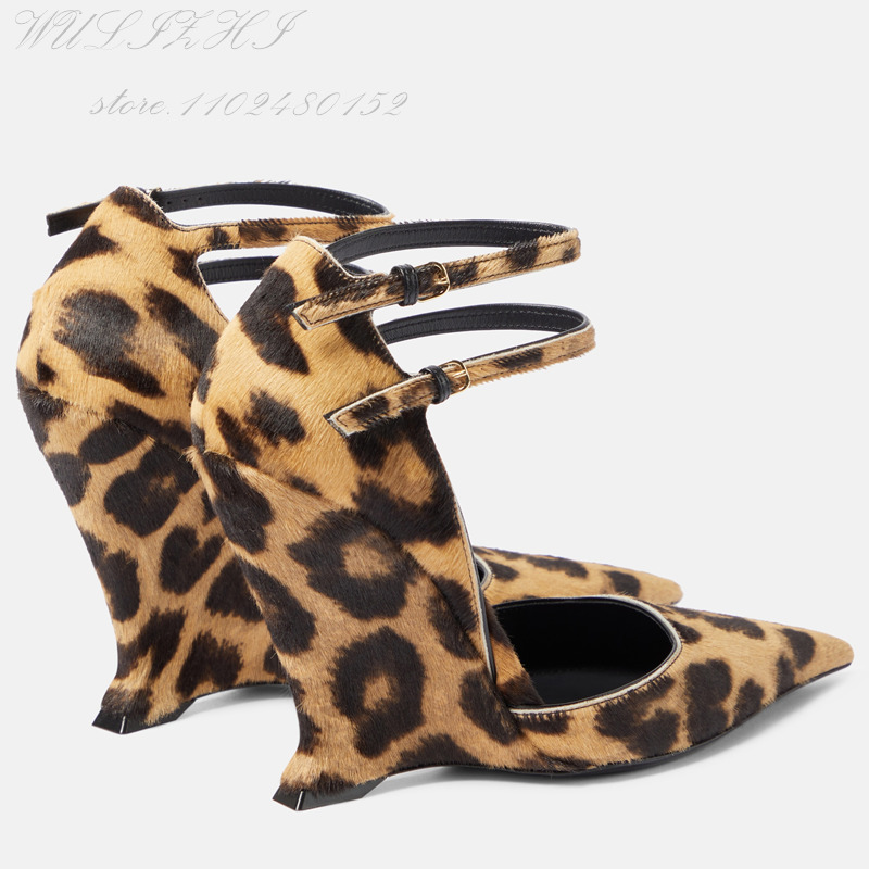 Brown Suede Black Ed Leopard Print Wedge Sandals Women Pointed Toe Light Red Shiny Leather Stone Pattern Buckle Sexy Shoes
