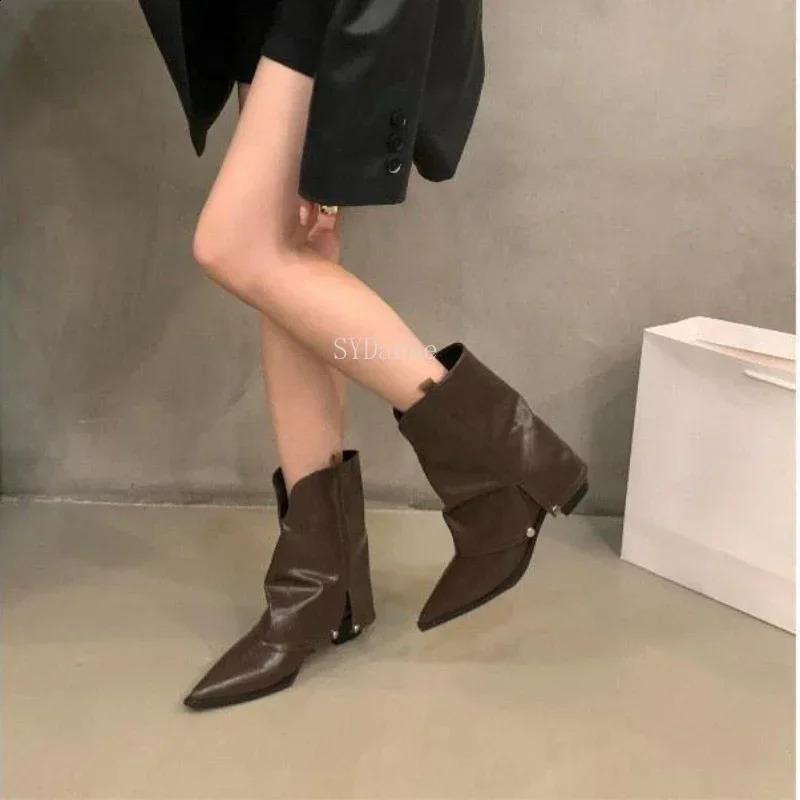 Spring Autumn Chunky Heel Pointed Toe Boots Short Boots Womens Shoes Brown Cowboy Boots Goth Shoes Ladies Shoes 241226