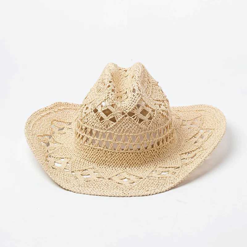 Cowboy Summer Mens Hat Western Hollow Handmade Str Jazz Sun Hat Beach Womens Cowboy Girl C Hot Pink Solid Sombrero Hombre W241225