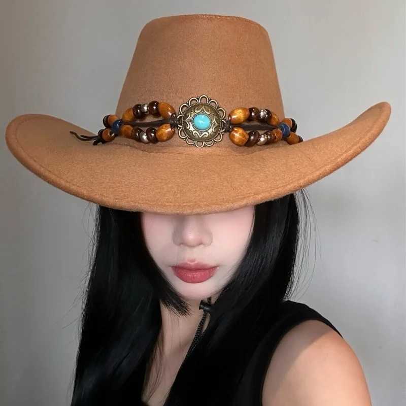 Retro turquoise decorated Western cowboy hat summer new style large brimmed wide border sun hat W241225