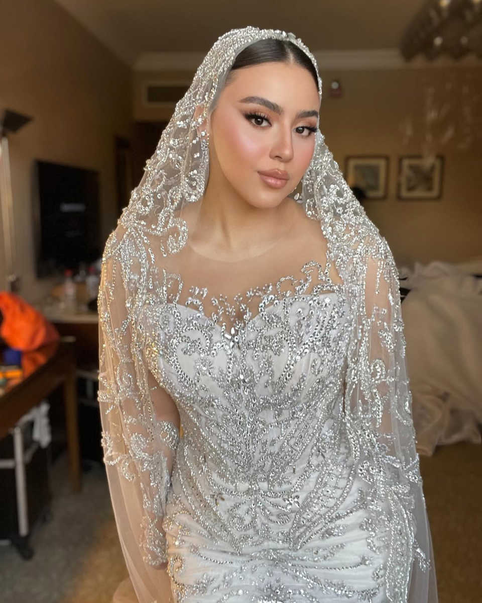 Luxurious Wedding Dress Beading Mermaid Sheer Neck Bridal Gowns Rhinestone Long Sleeves Bride Dresses Customized Plus Size Vestido de novia