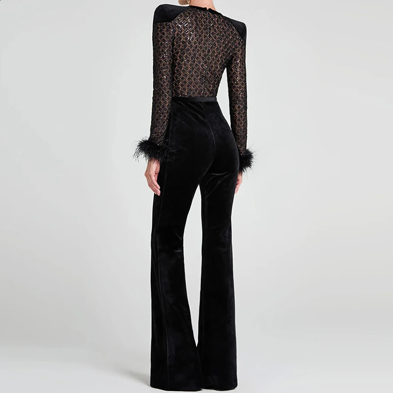 Women Patchwork Velvet Slim Party Rompers Long Sleeve Feather Combination Lattice High Waist Wide Leg Long Jumpsuit 241224
