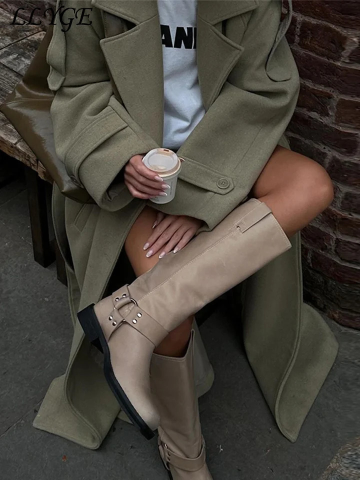 Elegant Womens Woolen Overcoat With Belt Street Lapel Double Breasted Full Sleeve Long Coat 2024 Autumn Lady Loose Outwear 241225