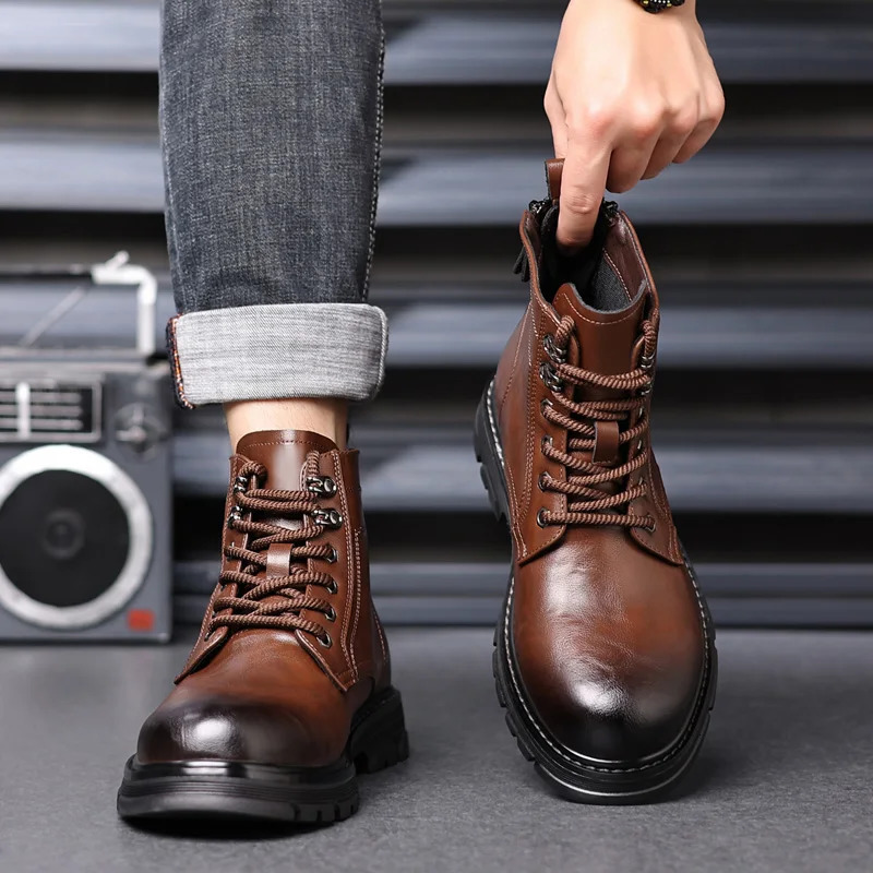 Mens Hightop Fashion Shoes Motorcycle and Ankle Boots Waterproof Men Leather Comfortable Casual Boot 241225