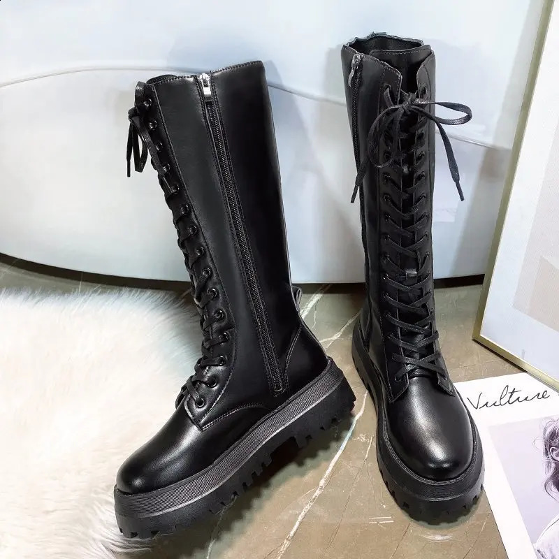 Korean PU Leather Mid Calf Boots for Women Fashion Casual Autumn Winter Platform Shoes Female Black Platform Boots 241226