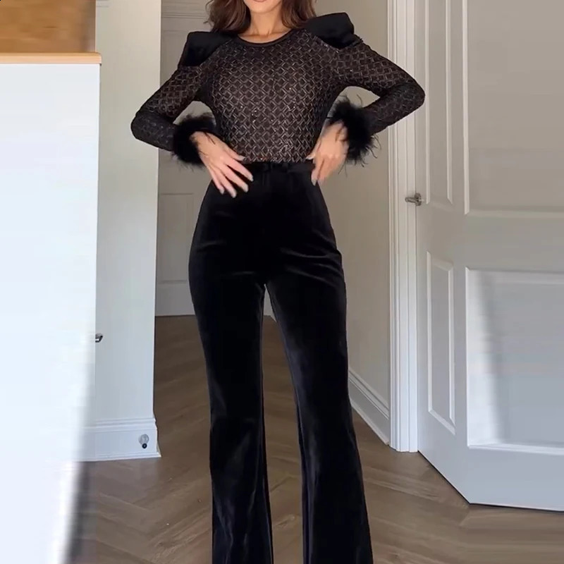 Women Patchwork Velvet Slim Party Rompers Long Sleeve Feather Combination Lattice High Waist Wide Leg Long Jumpsuit 241224