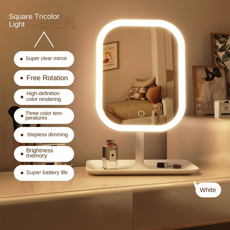 Niche Modern Desktop Vanity Mirror 3 Color Light LED Makeup Mirror Touching Mirror Women Bedroom Dressing Mirror 241226