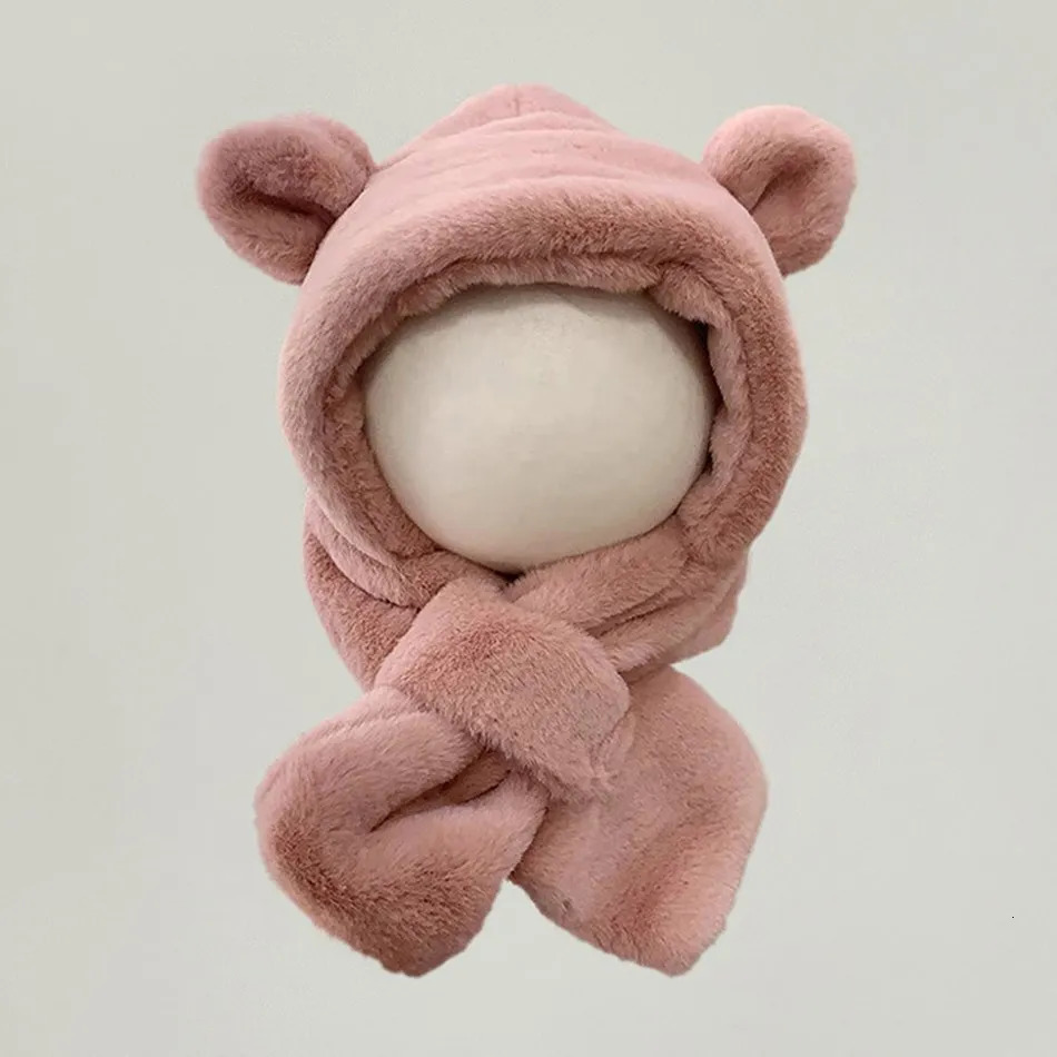 Childrens Solid Color Plush Scarf Hat Cute Cartoon Teddy bear Rabbit Warm Winter Windproof and Cold 241225