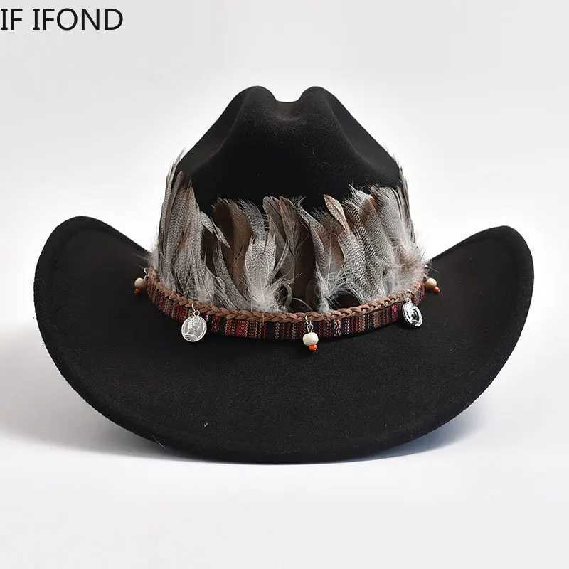 New retro feather decoration Western mens denim hat fashionable wide brown church jazz hat Sombrero Hombre Cs W241225