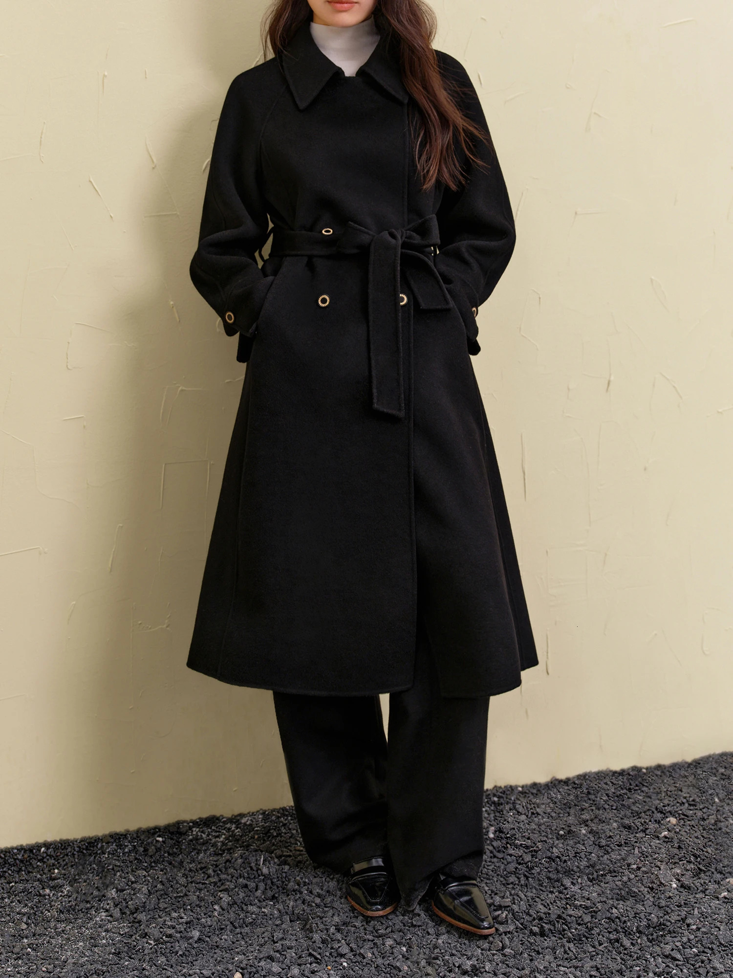 DUSHU 100 Wool Plus Size Small Lapel Doublebreasted Doubleside Coat For Women 2024 Winter Thick 24DS84408 241225