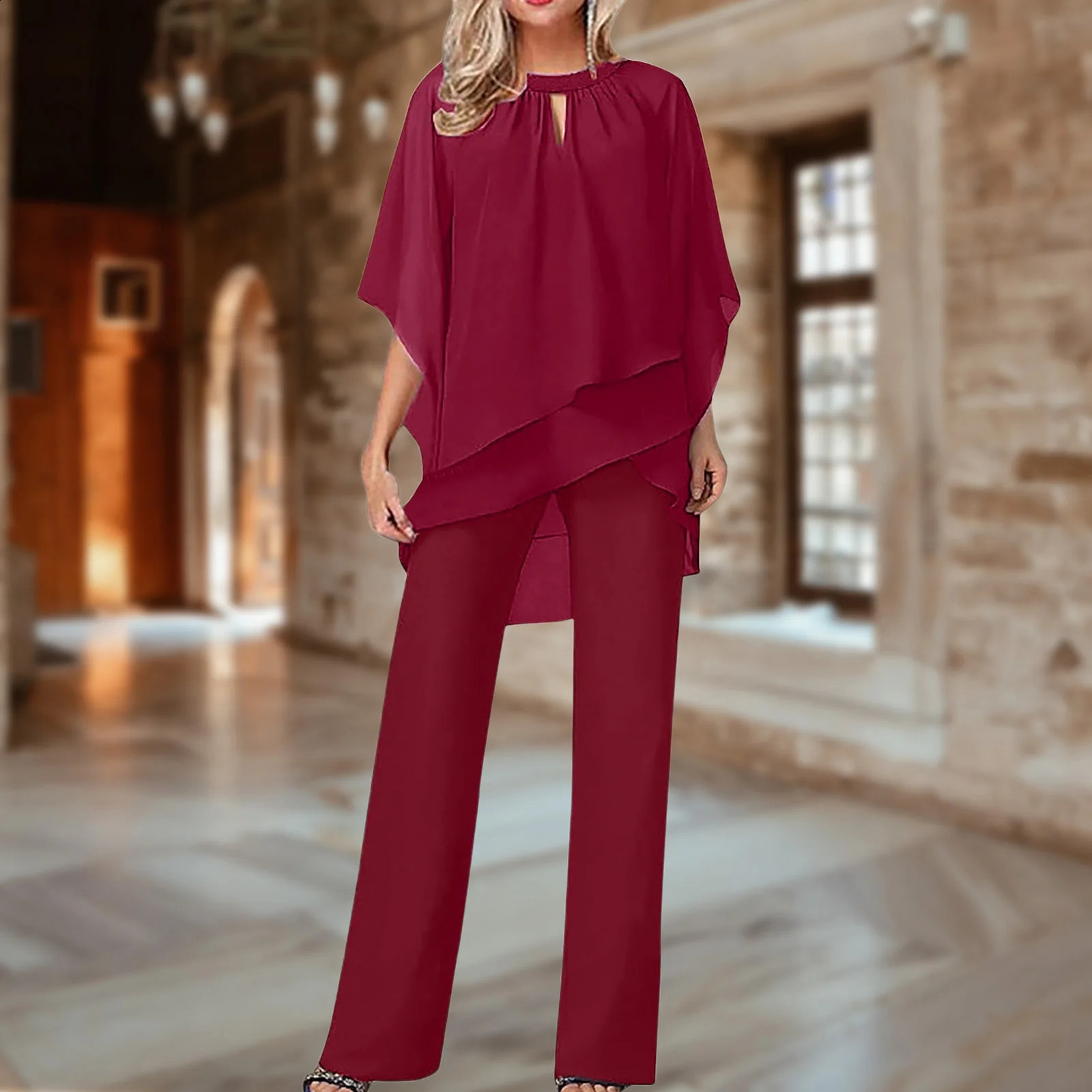 Women Batwing Sleeve Top Pants Suit Solid Color Pullover Top Trouser Jumpsuits Loose Fit Wedding Evening Outfits 241224
