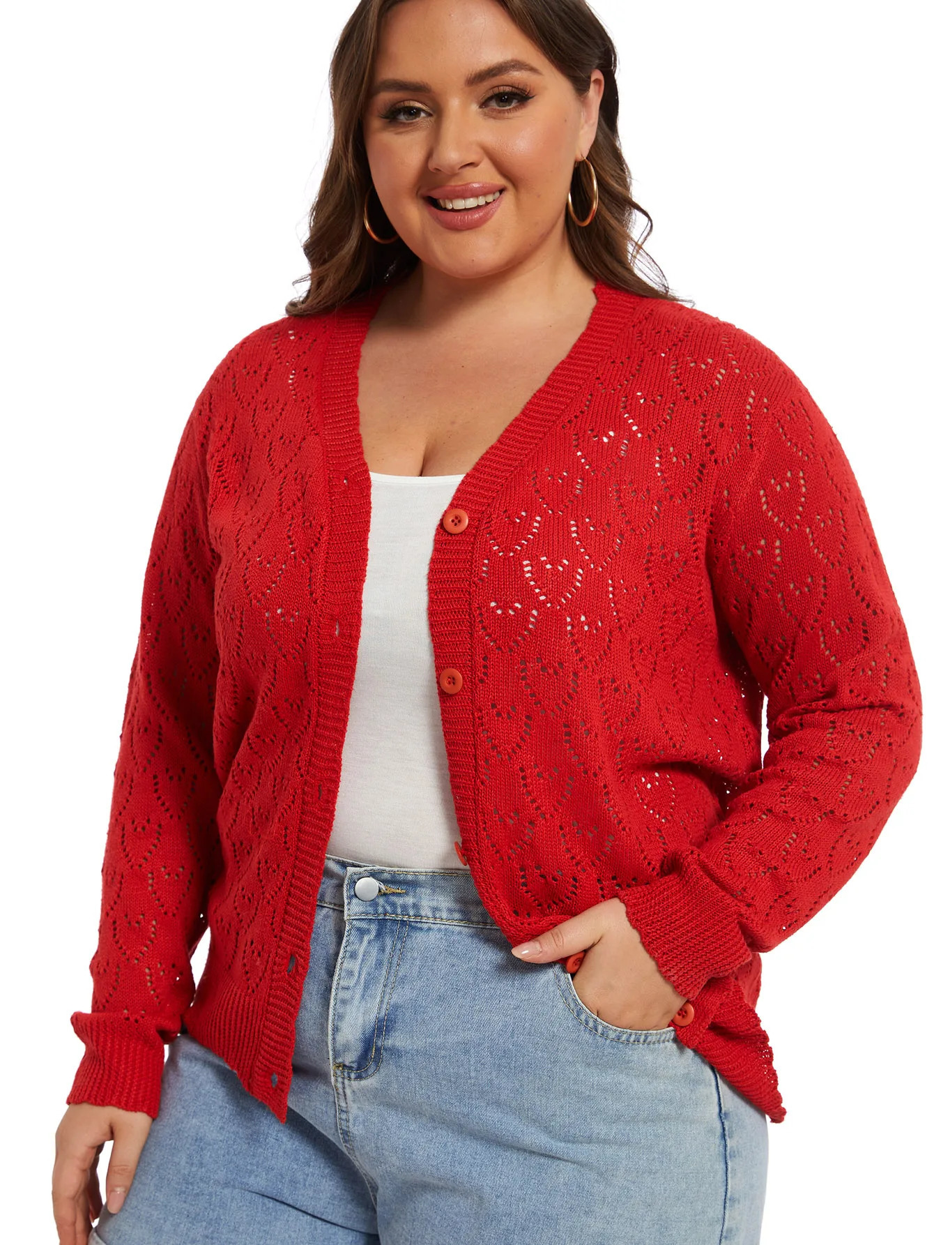 Plus Size Heart Print Long Sleeve Cardigan Womens Slight Stretch Casual Sweater 241225