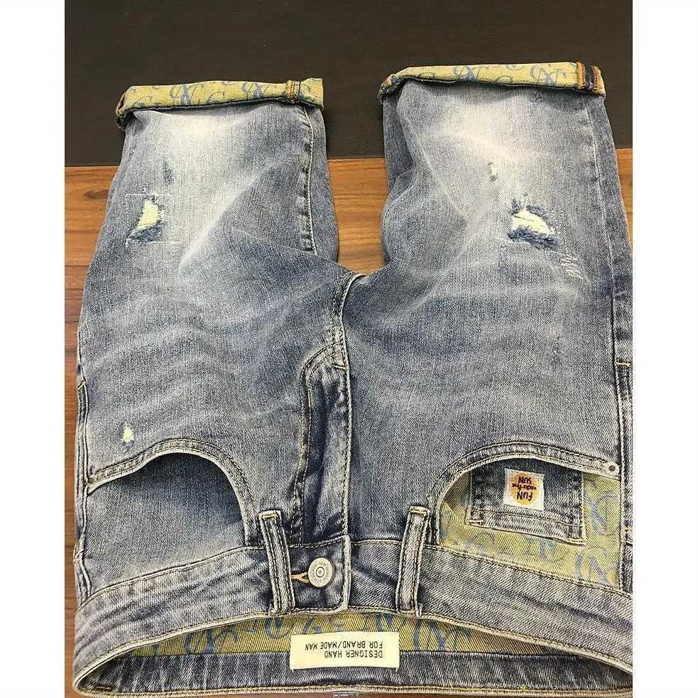 Mens casual denim jeans knee length shorts 2024 summer new denim print Distressed shorts Korean ultra-thin patch work shorts W241226