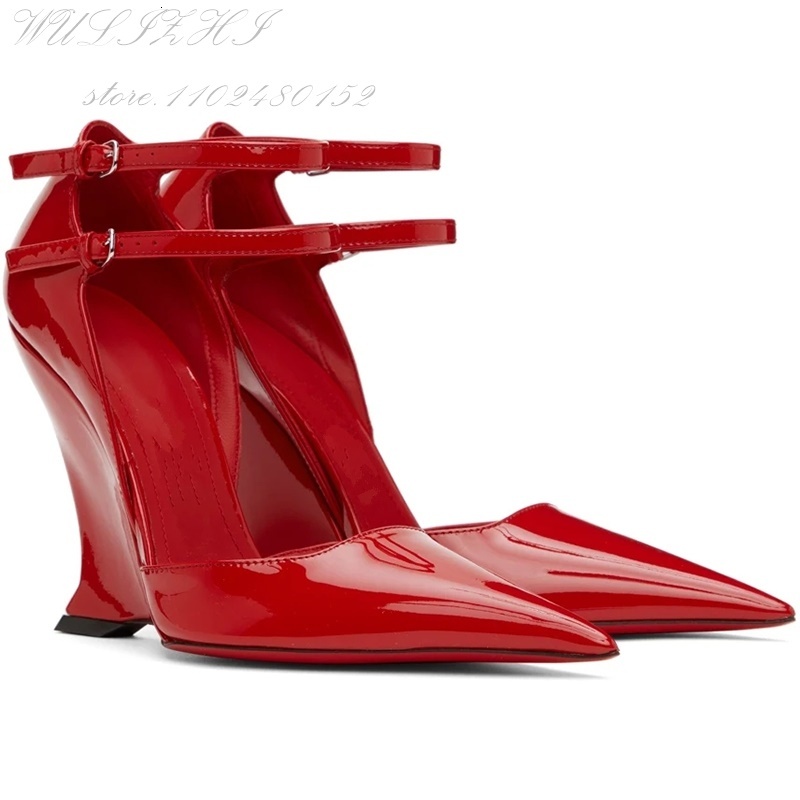 Brown Suede Black Ed Leopard Print Wedge Sandals Women Pointed Toe Light Red Shiny Leather Stone Pattern Buckle Sexy Shoes