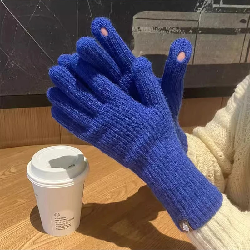 Touchscreen Wool Knitted Gloves For Girls Outdoor Womens Winter Gloves Winterproof Warm Solid Color Open Fingers Gloves 2025 241226