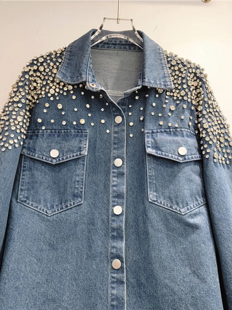 DEAT Fashion Diamonds Loose Denim Shirts Coat For Women Autumn Trendy Lapel Long Sleeve Pockets Jacket Females 29L7920 241223