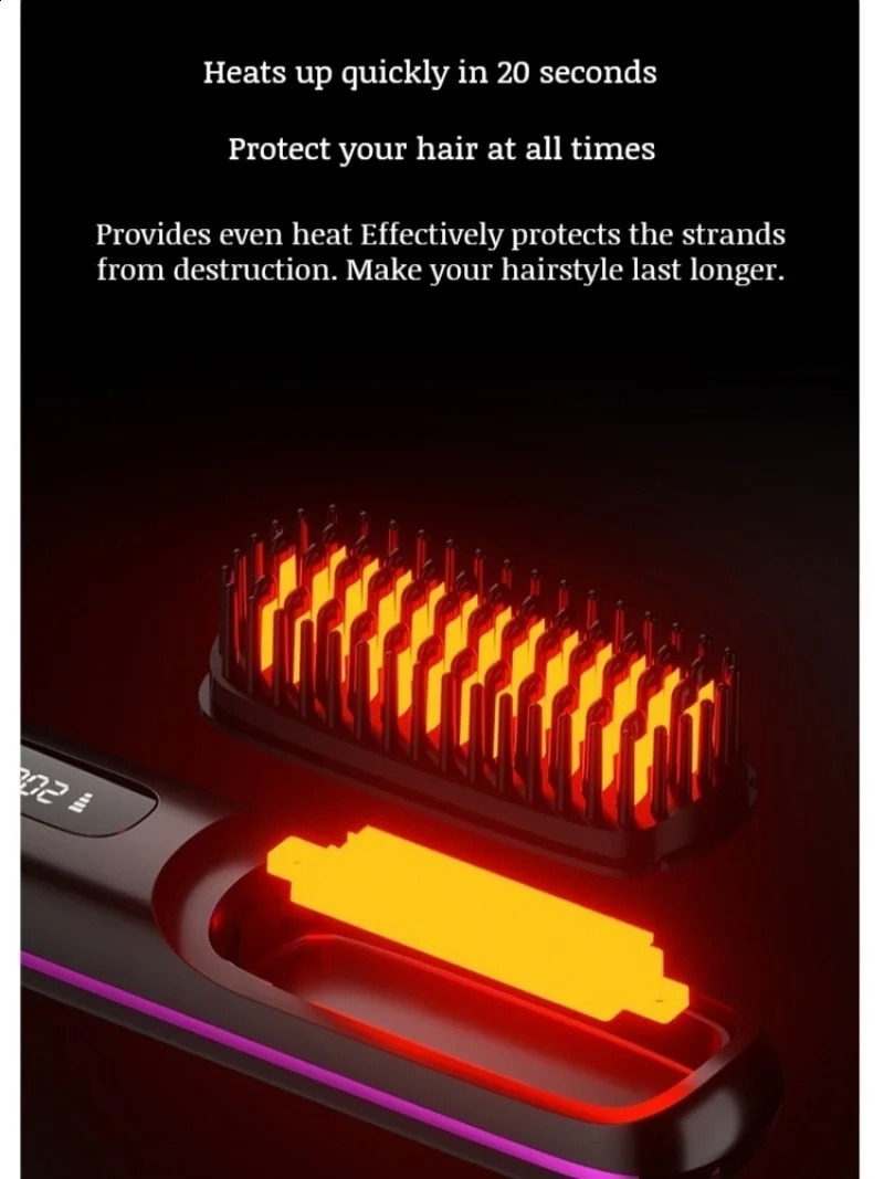 Home Wireless Negative Ion Ceramic Heated Straight Hair Comb USB Charging LCD Display Portable Straight Hair Comb 241225