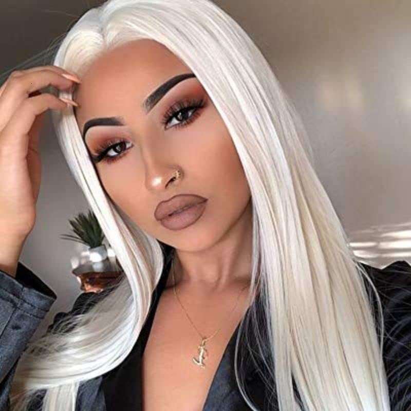 Fashionable 60 Platinum Long Straight Hair High Temperature Silk Chemical Fiber Front Lace Wig Head Cover Lace Front W Kq1 Kq1