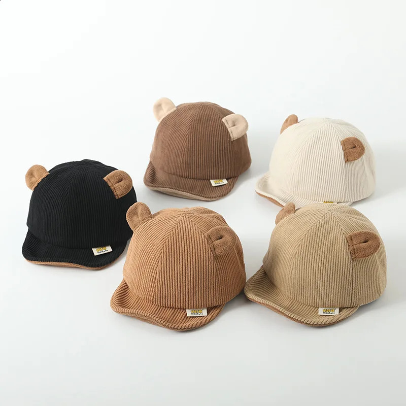 Cartoon Bear Ear Baby Peaked Cap Cute Autumn Winter Corduroy Baseball Hat For Infant Boy Girl Soft Brim Sun Hats 241225