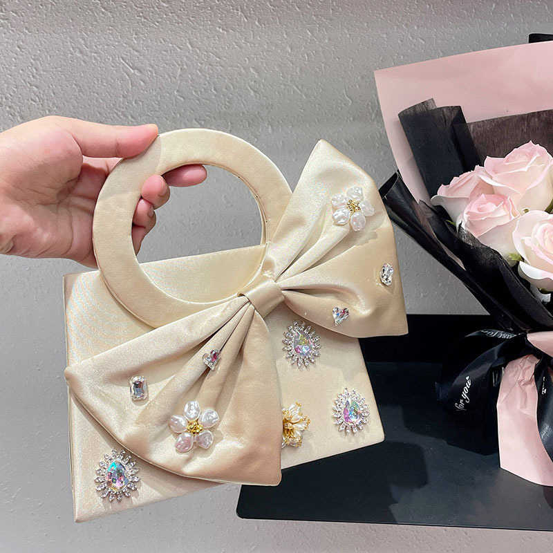 Evening Bags Sweet Trendy Tote Big Bow Small Square Bag with Shiny Non Functional Diamond Studded Water Droplet Flower Handbag 241226