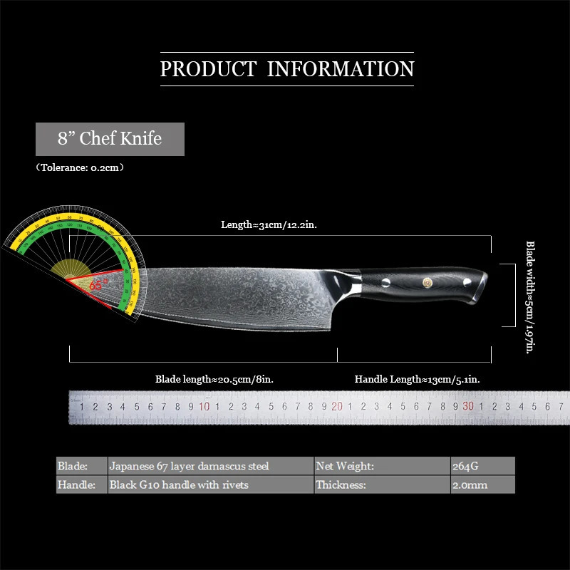 8-inch Chef Knife Japanese Damascus Steel Kitchen Knife Hand Chopper G10 Handle Santoku Practical Side Dishes Boning Cooking Tool 241225