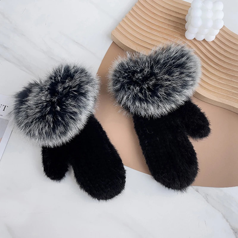 Real Fox Fur The est Super Elastic Imported Mink Gloves Winter Warm Gloves Female Halter Mink Knitted Gloves Cute Gloves 241226