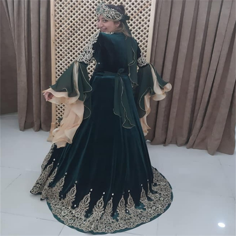 Traditional Green Moroccan Caftan Evening Dress Islamic Turkish Prom Dress Formal Long Sleeve Arabic Dubai Birthday Party Gown Special Occasion Maroca