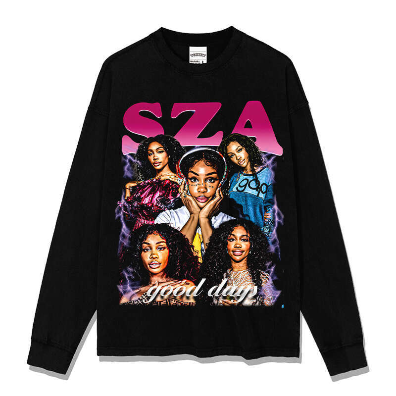American hip-hop Shisha SZA printed short T-shirt, loose and versatile, long sleeved round neck hooded sweatshirt