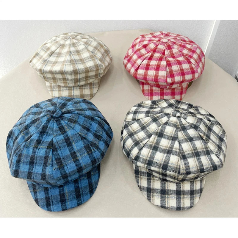 Ins Fashion Color Matching Plaid Wool Berets Cap for Women Show Face Small Winter Casual Warmth Versatile Retro sboy Hat 241226