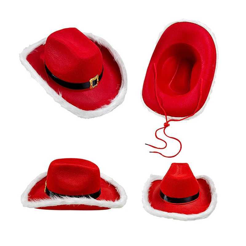 Christmas Red Cowboy Hat Winter Womens Feather Black Belt Soft Hat Adjustable Comfortable Santa Claus C W241225