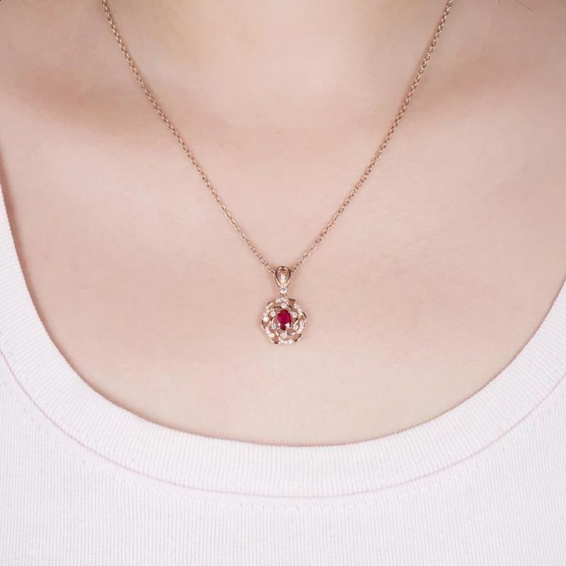 LANMI Real 14K Rose Gold Red Ruby Pendant Necklace Natural Diamond Jewels for Women Party Fine Jewelry 241226