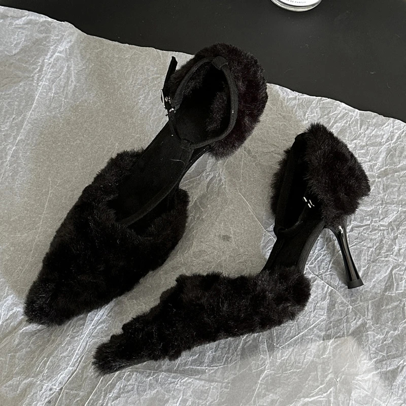 Eilyken Fashion Designer Corduroy Women Pumps Pointed Toe Snadals Elegant Thin Heels Buckle Strap Hollow Stripper Shoes