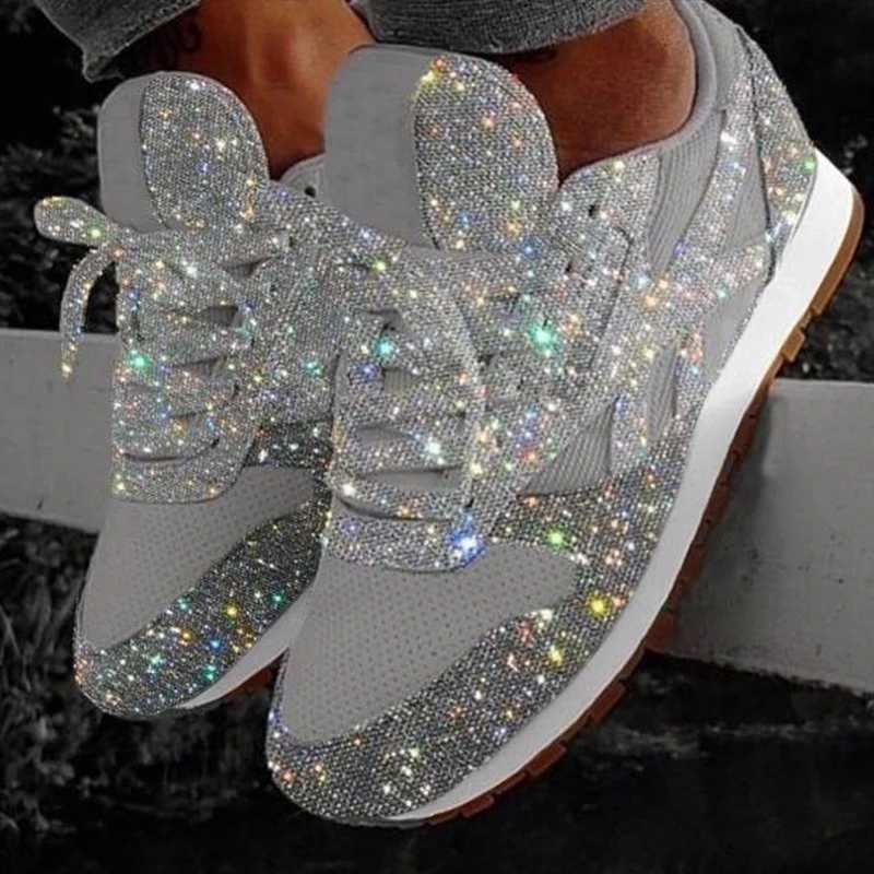 Womens casual sparkling shoes mesh flat shoes womens glitter vulcanized shoes lace sports shoes outdoor sports running shoes M241225