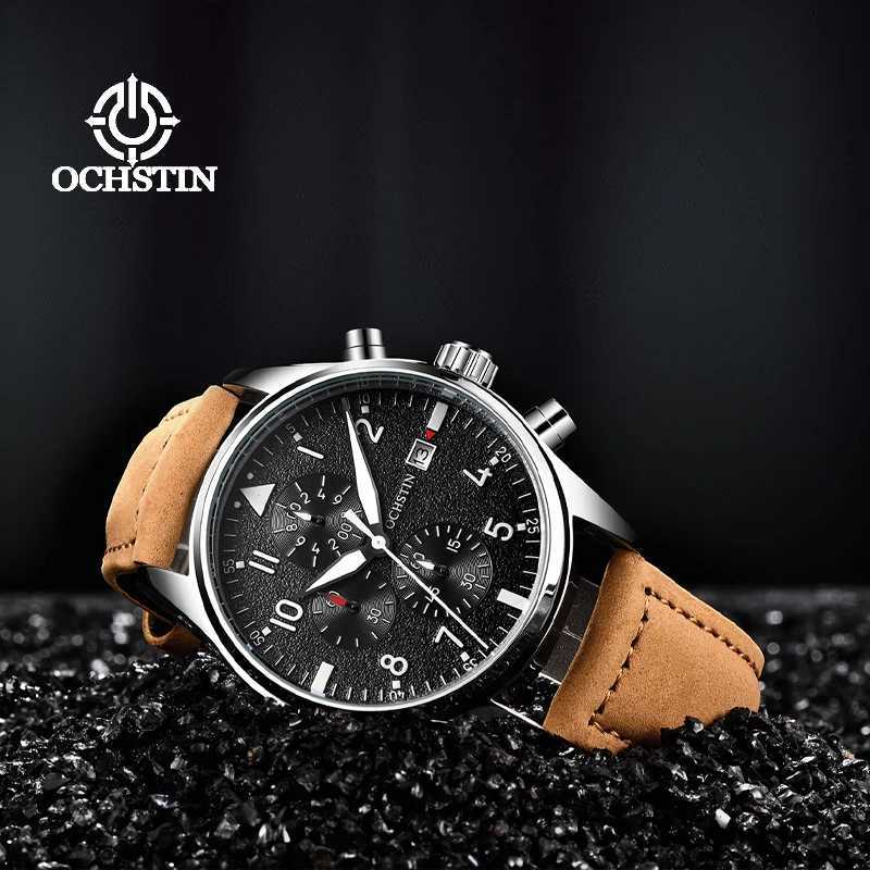 OCHSTIN genuine waterproof sports mens watch three eye calendar quartz watch fashion leather strap mens casual Wirstwatch M241226