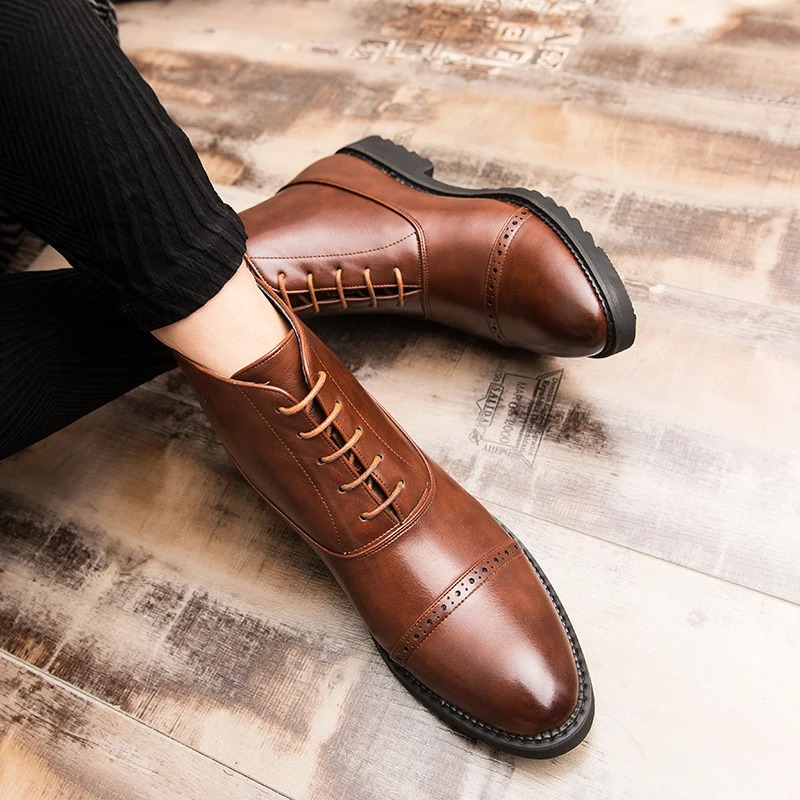 Leather Casual Shoes High Top Mens Martin Boots England Style Solid Boots Oxfords Lace Up Outdoor Mens Ankle Boots Shoes IV 241226
