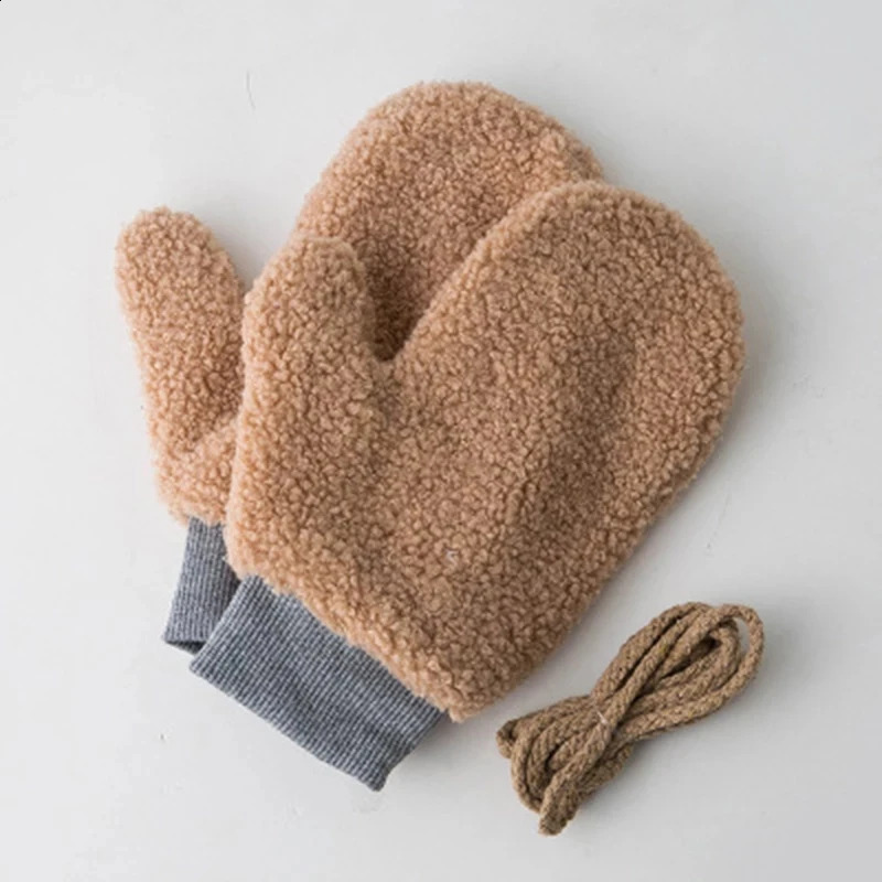 Winter Lamb Wool Halter Neck Full Finger Warm Mittens Korean Female Double Layer Plush Thicken Windproof Cycling Gloves H36 241226