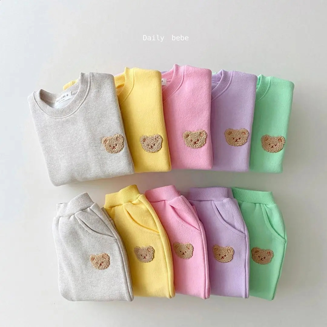 Baby Bear Embroidery Fleece Pullover Set Sweatshirt TopsHarem Jogger Pants Suits 2pcs Girls Boys Lined Clothes 241225