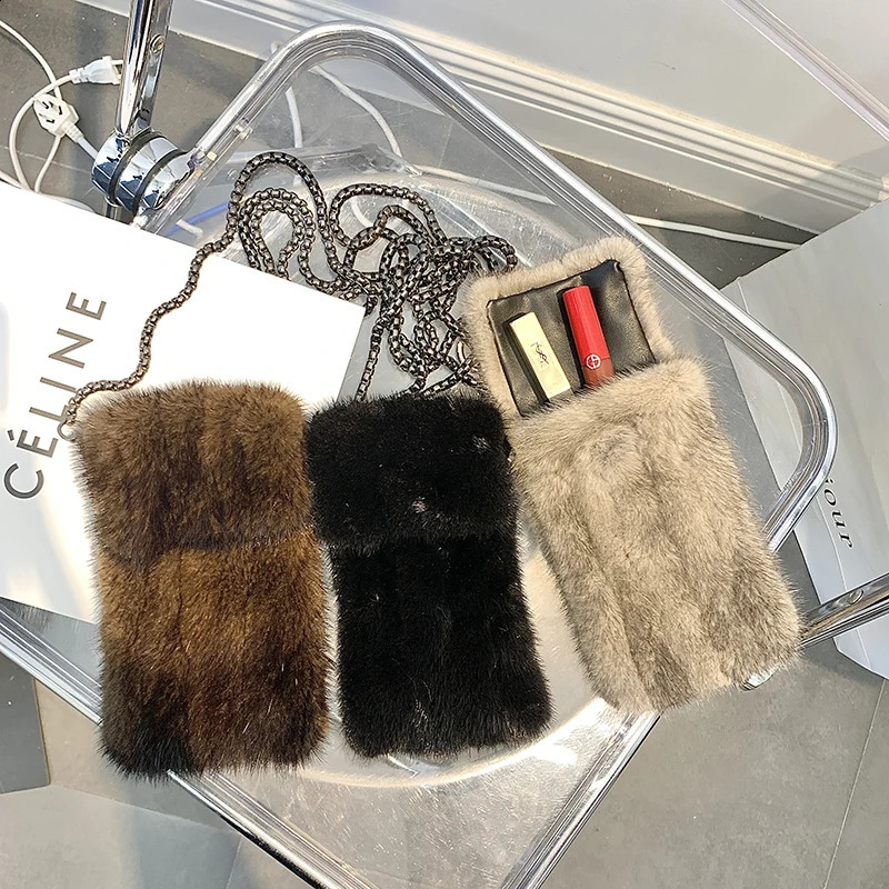 2024 Mink Fur Crossbody Bag Cute Exquisite Coin Purse Small Mobile Phone Bag Womens All-Match Shoulder Phone Bag241226
