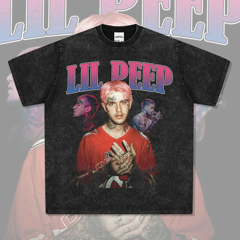 Hip hop lil peek printed high street short sleeved T-shirt vintage washed pure cotton round neck hooded sweatshirt