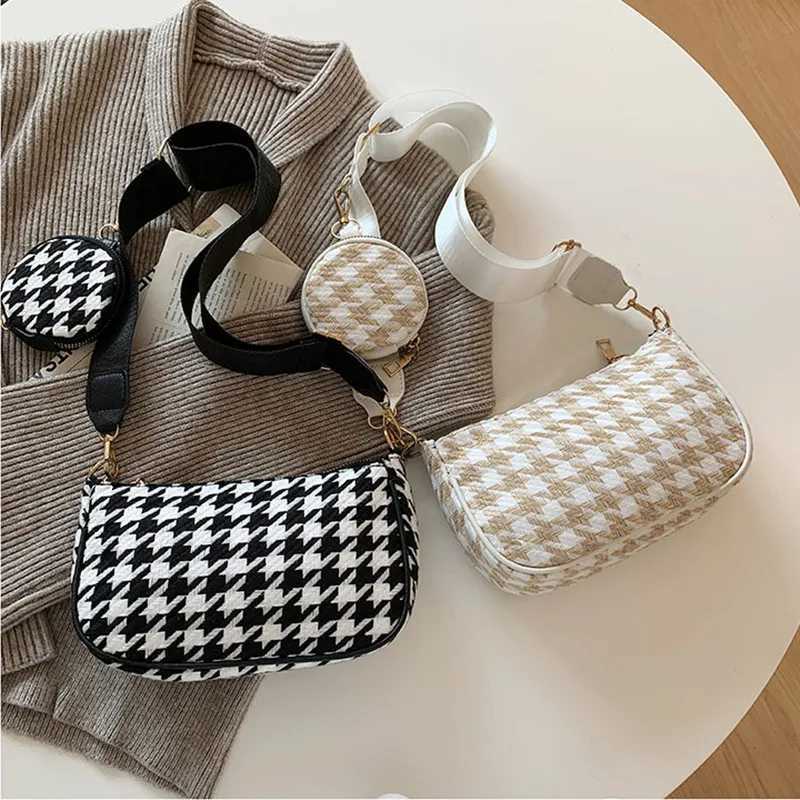 Female Vintage Plaid Printing Shoulder Bags with Mini Round Purse Pendant Women Bags Casual Small Crossbody Bags 2pcs CompositeXJ241225