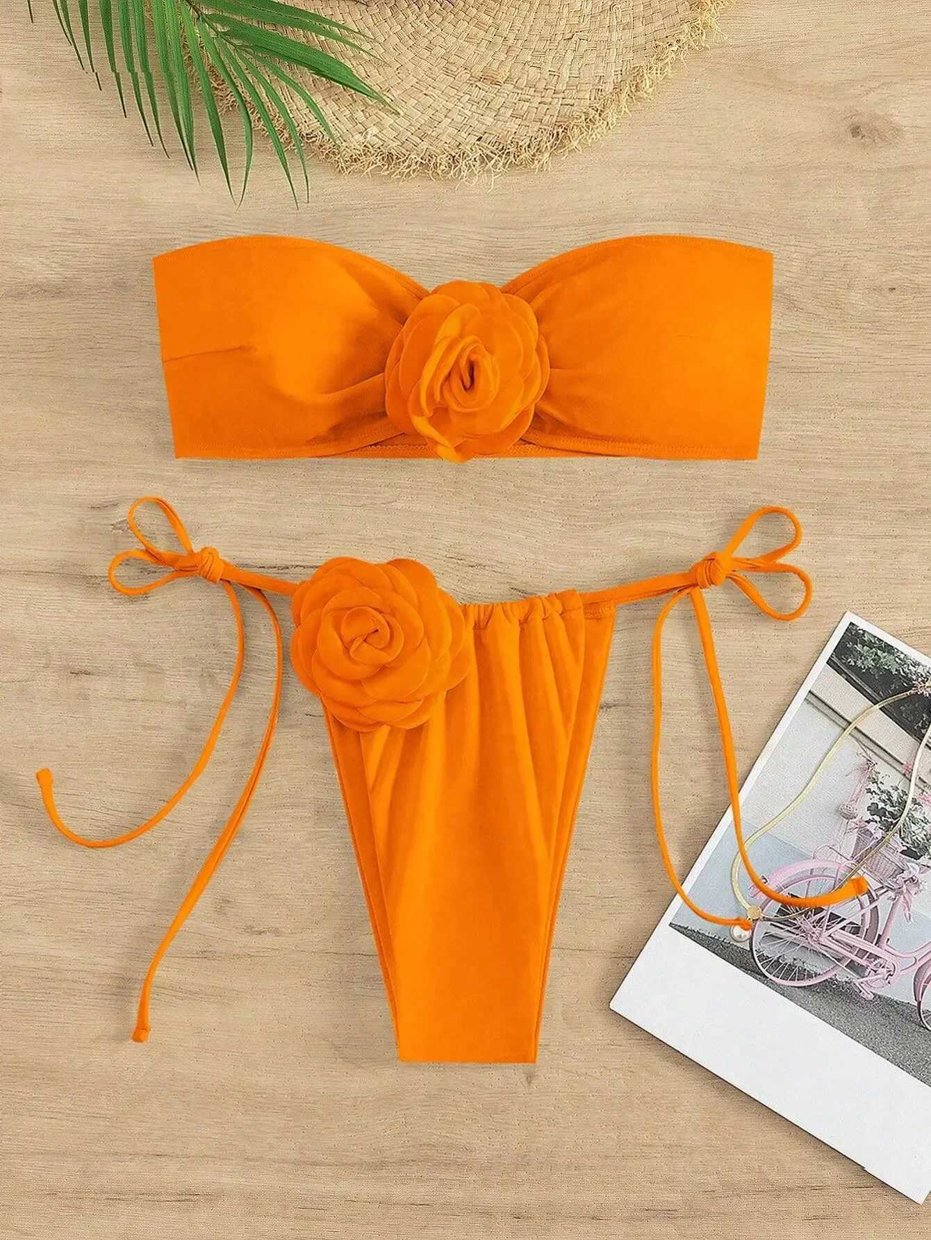 Bikini swimsuit womens 3D floral designer bikini set 2024 womens solid orange Bandeau push beach swimsuit thong swimsuitW241225