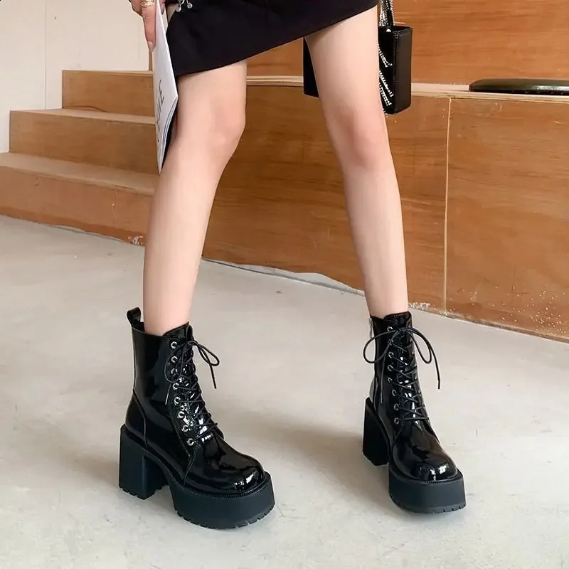 Womens Martin Boots High Heel Waterproof Platform Thick Base Medium Short Boots Petite Soft Leather 241226