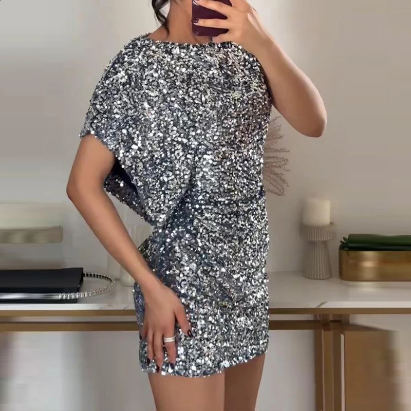Elegant Solid Slim Dress Ladies O-neck High Waist Draped Evening Dress Spring Summer One Shoulder Sleeves Sequins Mini Dress 241226