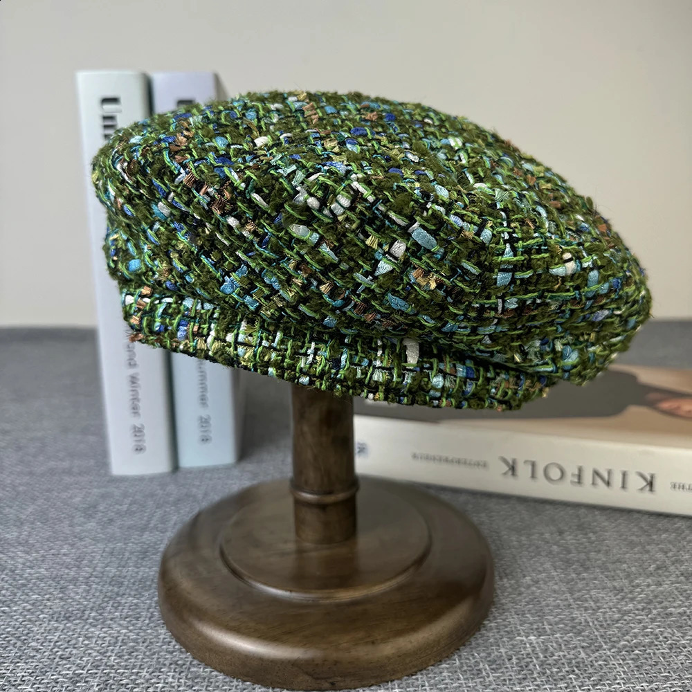Vintage Wool Berets Green Plaid Autumn Winter French Octagonal Peaked Hats Painter Hat Street Military Women Girl CapsFDM13 241226
