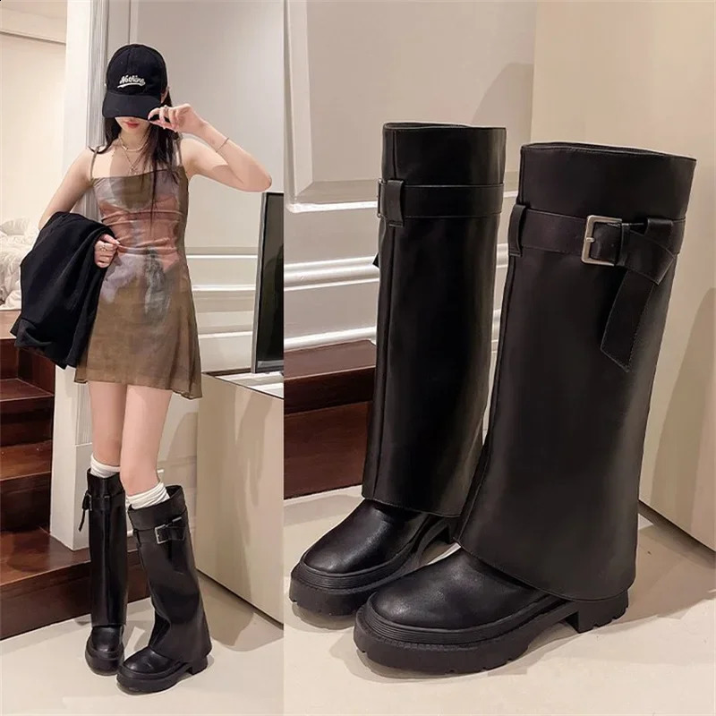 Belt Buckle Round Toe Knee High Women Boots Thick Sole Chunky Heels Black Slip On Fashion Concise Elegant Western Female Shoes 241226