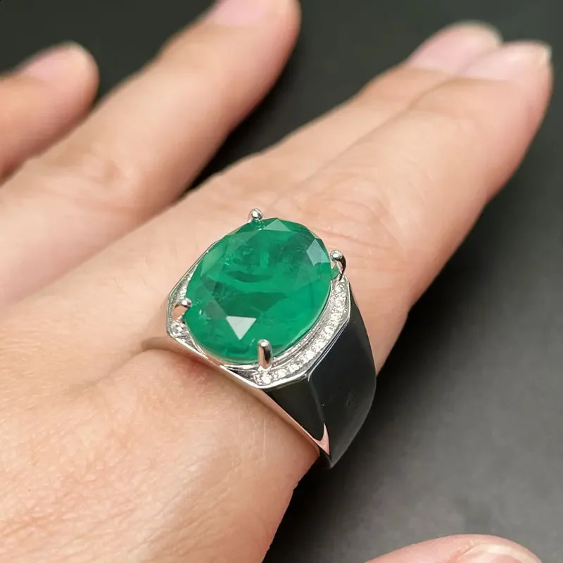925 Silver Gemstone Men Ring 12mm*16mm Man Made Colombia Emerald color crystal Ring for Men 3 Layers Gold Plated Male Jewelry 241225