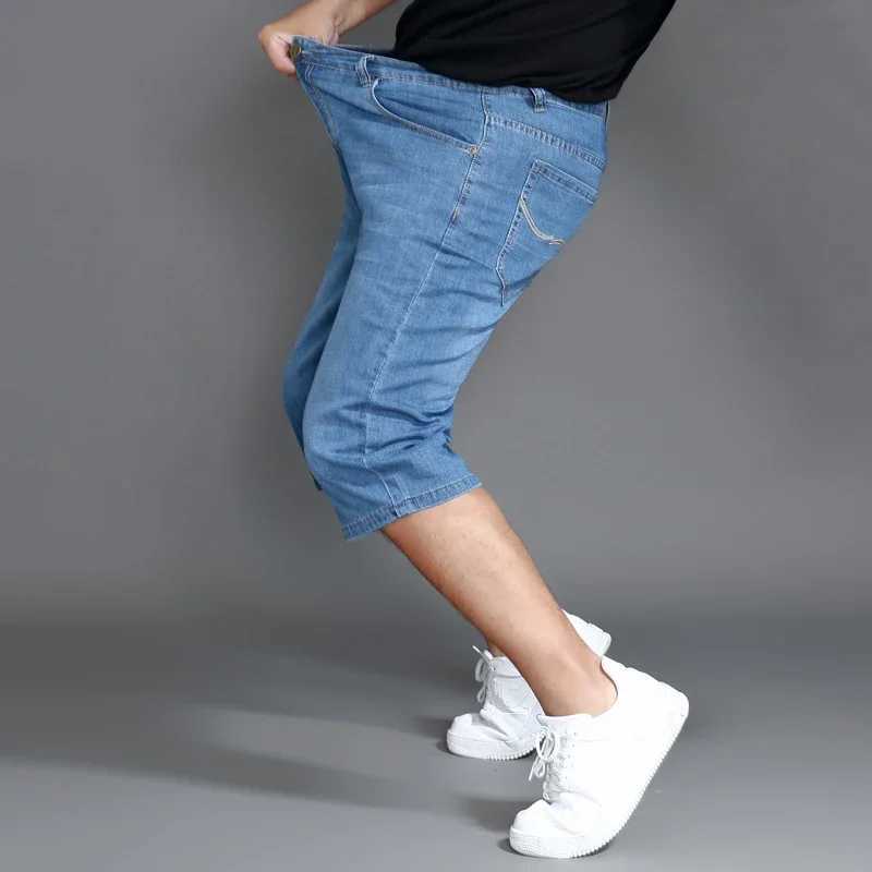 Summer short leg calf length Trouser Plus size 48 42 mens denim stretch thin jeans ultra-fine classic straight pants W241226