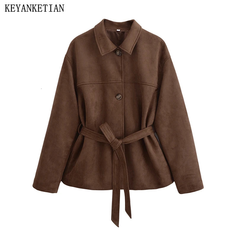 KEYANKETIAN 2024 AutumnWinter Womens With Belt Suede Coat Leisure style Single Breasted Pockets Greatcoat Blazer Outerwear 241225