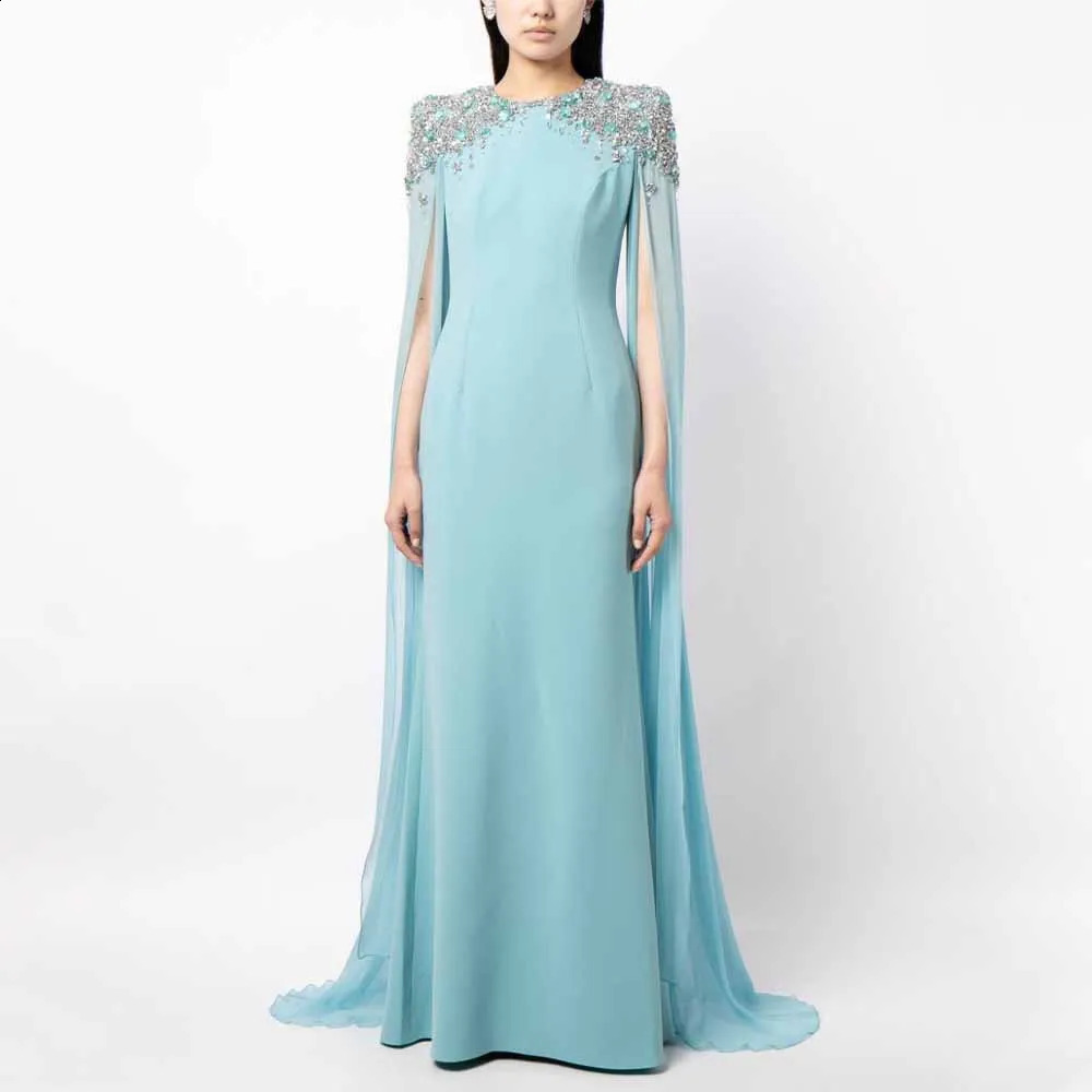 Light Sky Blue Wedding Party Dress Crystal Clock Sleeves O Neck Evening Dresses for Women Mermaid/Trumpet Evening Gowns 241223