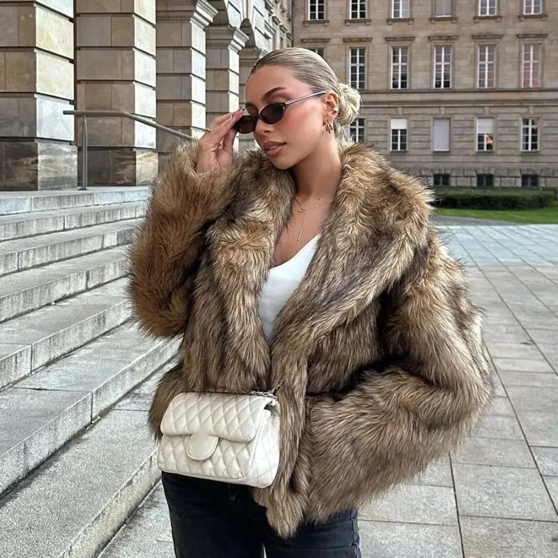 Womens Fashionable Artificial Fur Short Bomber Jacket Chic Solid Long Sleeve Warm Winter Lady High Street Outerwear 241223